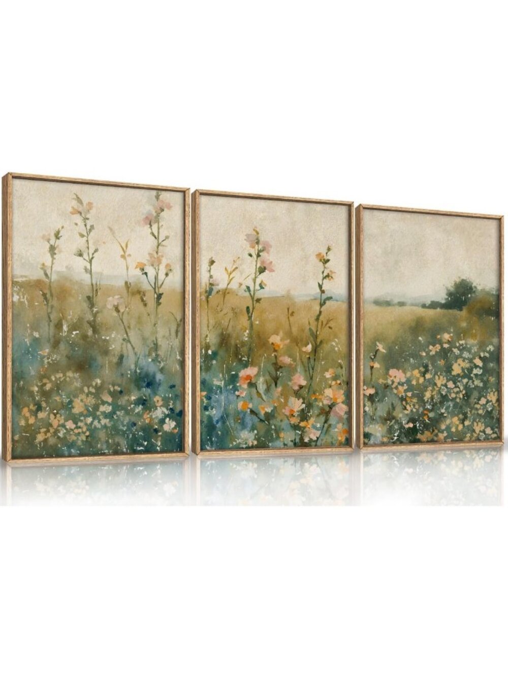 Vintage Watercolor Wildflower Landscape Wall Art Set - Framed Floral Decor for
